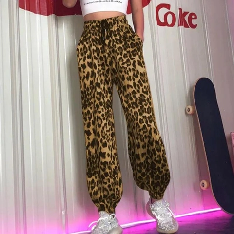Γυναικείο Ψηλόμεσο Παντελόνι Joggers με Λεοπάρ Σχέδιο Casual Παντελόνι Χαρέμι Streetwear Ελαστική Μέση με Κορδόνι