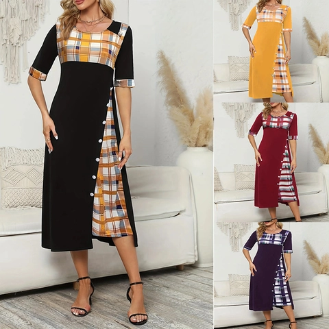 Robe Longue Décontractée pour Femmes Col Rond Patchwork Tartan Demi-Manches Ourlet Irrégulier Avec Boutons Décoratifs Robe Maxi