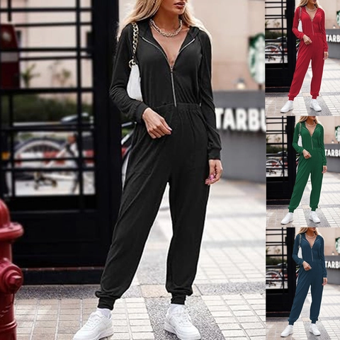 Women Hooded Long Sleeve Zipper Jumpsuit Casual Sporty One Piece Outfit Elastic Waist Cuffed Jogger Romper Tracksuit