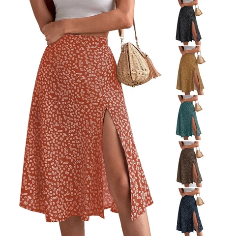 Damen Sommer Casual Blumenmuster Rock Mit Hoher Taille Und Seitenschlitz Eleganter Boho-Midi-Langrock Für Urlaub