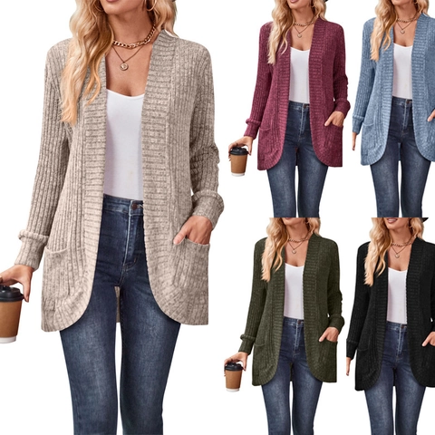 Dames Casual Ribgebreid Vest Lange Mouwen Open Voorkant Half Lang Gebreid Vest Met Zakken Effen Kleur Herfst Top