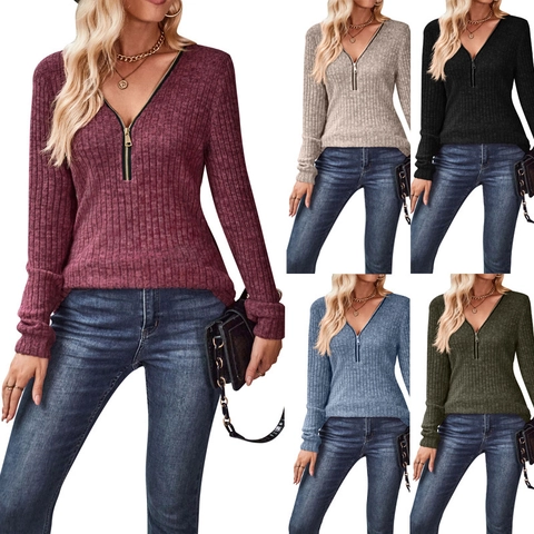 Dames Casual V-hals Geribbelde Gebreide Top Rits Lange Mouwen Slim Fit Pullover Splicing Herfst Gebreide Trui Voor Dames