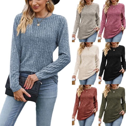 Dames Casual Geribbelde Gebreide T-Shirt Lange Mouw Ronde Hals Effen Kleur Zachte Katoenmix Herfst Basic Slim Fit Top