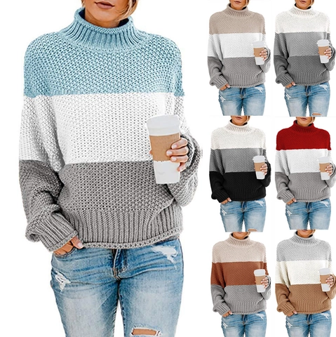 Pull à Col Roulé Décontracté pour Femmes Bloc de Couleur Grosse Maille Ample Patchwork Manches Longues Chaud Automne Hiver