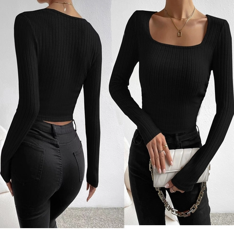 T-Shirt à Manches Longues et Col Carré pour Femmes Coupe Ajustée Couleur Unie Maille Côtelée Haut Élégant pour Printemps Automne Bureau Noir