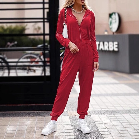 Women Hooded Long Sleeve Zipper Jumpsuit Casual Sporty One Piece Outfit Elastic Waist Cuffed Jogger Romper Tracksuit