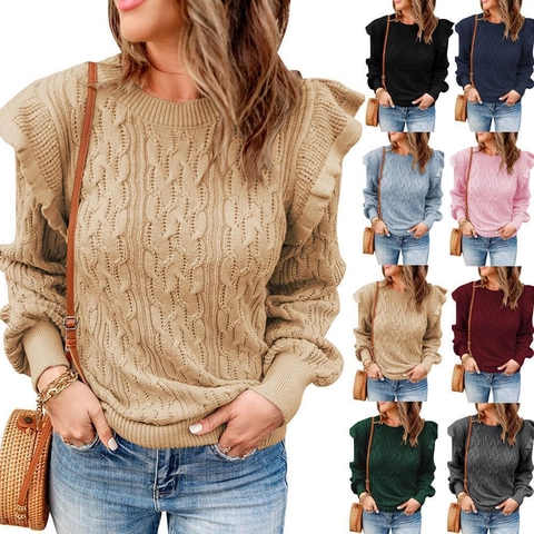 Jersey Casual de Punto de Trenza para Mujer Volante Hombro Cuello Redondo Manga Larga Suéter Invierno Otoño Moda
