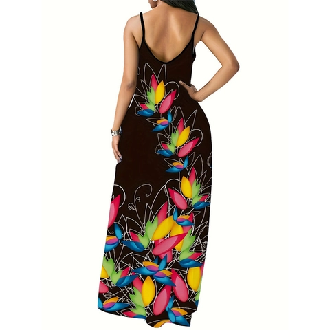 Damen Übergröße Ärmellos V Ausschnitt Blumenmuster Maxikleid Sommer Casual Sexy Rückenfrei Spaghettiträger Übergröße Langes Kleid