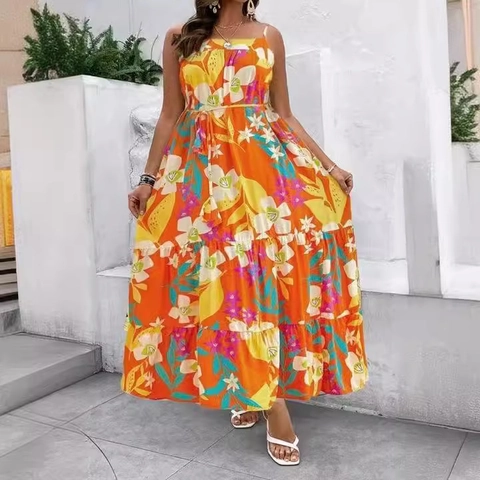 Grote Maten Boheems Maxi Jurk Voor Dames Spaghettibandjes Gelaagde Zomer Strand Vakantie Lange Jurk Hoge Taille
