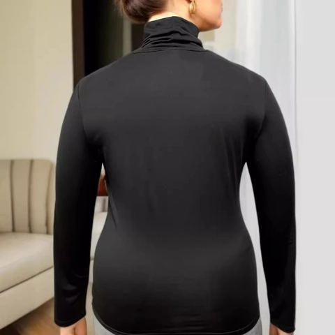 Camiseta de Mujer de Talla Grande con Cuello Alto y Manga Larga Color Sólido Ajustada Top de Punto Elegante Para Otoño Invierno