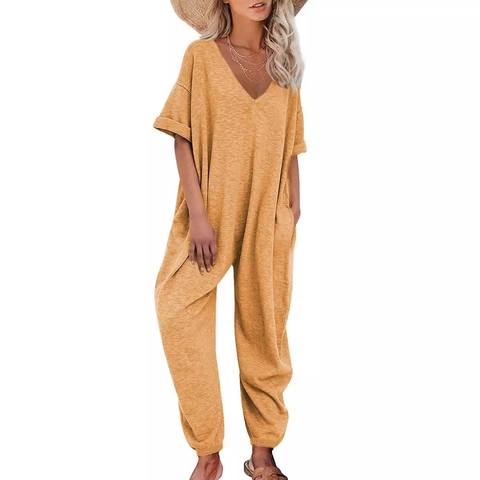 Damen Casual V-Ausschnitt Kurzarm Jumpsuit Lockerer Arbeitskleidung Stil Einfarbig Lange Cargo Hose Mit Taschen