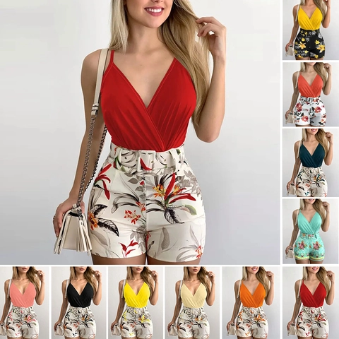 Damen Sexy V Ausschnitt Camisole Und Shorts Outfit Mit Gürtel Sommer Ärmelloses Top Hohe Taille Tropische Kleidung