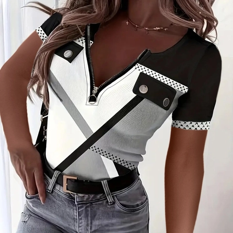 Κομψό Γυναικείο T-Shirt Λαιμό V Φερμουάρ 3D Ψηφιακό Γεωμετρικό Patchwork Αντίθεση Ρίγες Κοντό Μανίκι Πλεκτό Τοπ