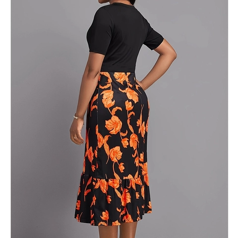 Damen V-Ausschnitt Kurzarm Patchwork Maxi-Kleid Elegant Hohe Taille Tulpendruck Volants-Saum Slim Fit Langes Kleid