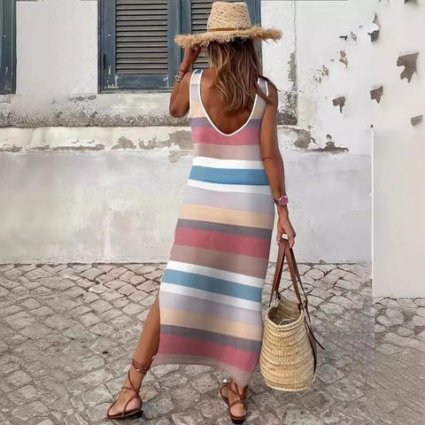 Vestido Maxi a Rayas Sin Mangas Mujer Cuello Redondo Línea A Vestido de Sol Largo Verano Vacaciones Diario Poliéster