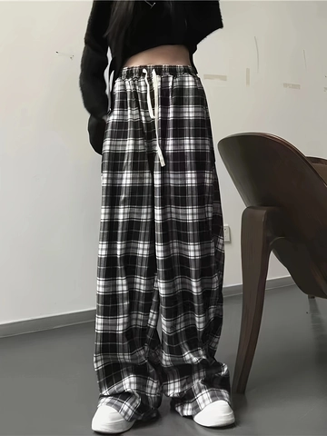 Pantalon à Carreaux Taille Haute pour Femmes Jambe Large Ample Décontracté Pantalon Droit Avec Cordon de Serrage Vintage