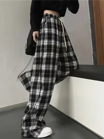 Pantalon à Carreaux Taille Haute pour Femmes Jambe Large Ample Décontracté Pantalon Droit Avec Cordon de Serrage Vintage