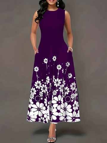 Damen Übergröße Ärmelloses Maxikleid Rundhalsausschnitt Blumenmuster A-Linie Langes Kleid Mit Taschen Lässige Sommer Abendmode