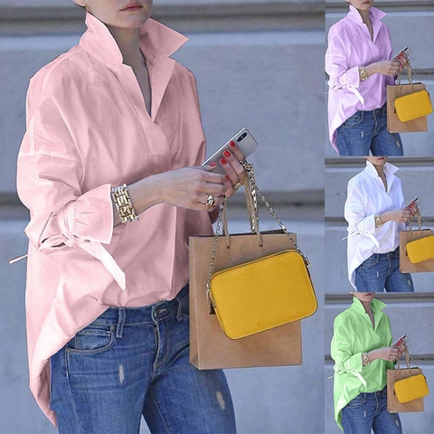 Camicetta da Donna Casual in Tinta Unita in Poliestere a Maniche Lunghe con Fiocco e Lacci Scollo a V Revers Larga Taglie Forti
