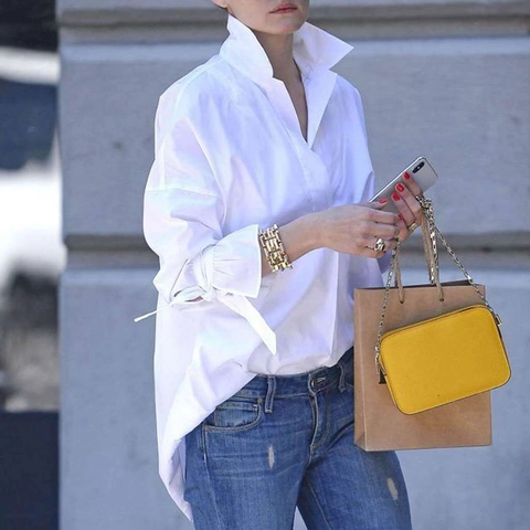 Camicetta da Donna Casual in Tinta Unita in Poliestere a Maniche Lunghe con Fiocco e Lacci Scollo a V Revers Larga Taglie Forti