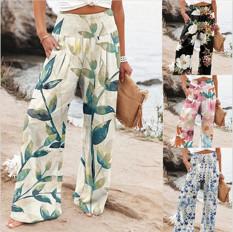 Women High Waist Printed Wide Leg Pants Bohemian Smocked Elastic Waist Floral Long Trousers For Vacation Beach Casual Wear