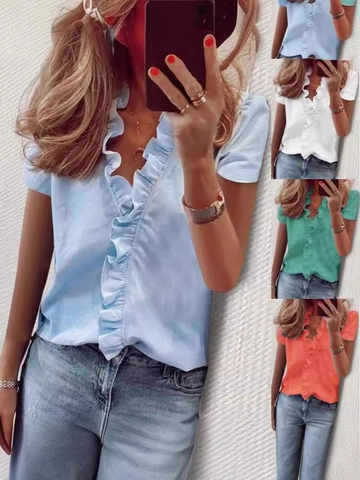 Women Ruffle V-Neck Blouse Casual Loose Short Sleeve Pullover Top Pineapple Floral Letter Print Summer Fashion Shirt