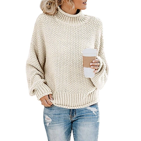Women's Casual Chunky Knit Turtleneck Sweater Loose Long Sleeve Drop Shoulder Cotton Blend Pullover Jumper Warm Winter Knitwear