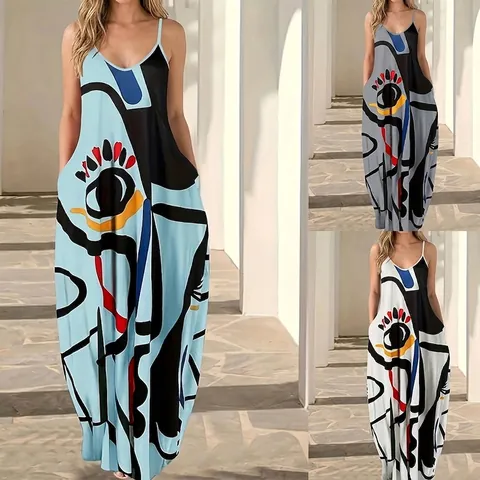 Damen Sommer Sexy Spaghetti Träger Maxi Kleid Abstrakt Blumenmuster V Ausschnitt Langes Sommerkleid Mit Seitentaschen Urlaub
