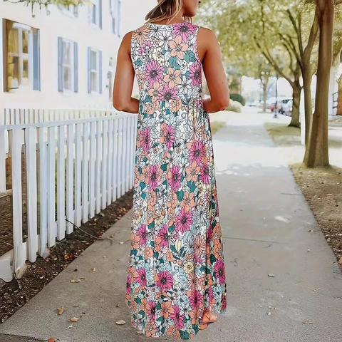 Abito Maxi Senza Maniche con Stampa Floreale Bohemian da Donna Elegante a Vita Alta Linea A Pullover Abito da Spiaggia con Tasche