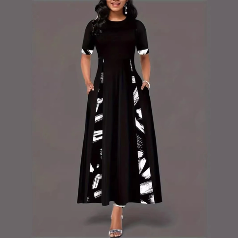 Damen Elegant Schwarz A-Linie Maxi Kleid Kurzarm Rundhals Abstrakter Pinselstrich Druck Hohe Taille Kleid Mit Taschen