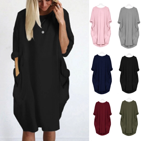 Damen Übergröße Casual Locker Midi Kleid Langarm Rundhalsausschnitt Oversized Einfarbig Tunika Kleid Mit Großen Taschen Herbstmode