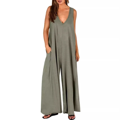 Women's Casual Sleeveless V-Neck Wide Leg Jumpsuit With Pockets Loose Comfortable Summer Solid Color One Piece Outfit
