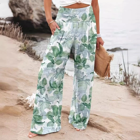 Women High Waist Printed Wide Leg Pants Bohemian Smocked Elastic Waist Floral Long Trousers For Vacation Beach Casual Wear