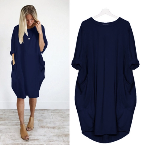 Damen Übergröße Casual Locker Midi Kleid Langarm Rundhalsausschnitt Oversized Einfarbig Tunika Kleid Mit Großen Taschen Herbstmode