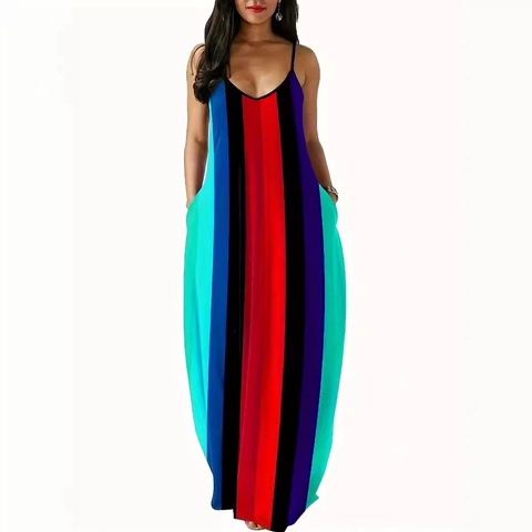 Damen Plus Size Regenbogen Gestreiftes Maxikleid Spaghetti-Träger V-Ausschnitt Lockeres Strandkleid Mit Taschen