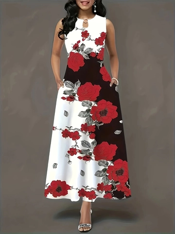 Robe Longue Sans Manches Imprimé Floral Pour Femmes Avec Poches Col en U Anneau Métallique Coupe Trapèze Couleurs Contrastées Été