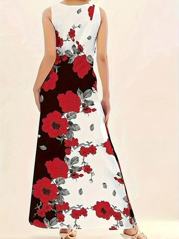 Robe Longue Sans Manches Imprimé Floral Pour Femmes Avec Poches Col en U Anneau Métallique Coupe Trapèze Couleurs Contrastées Été