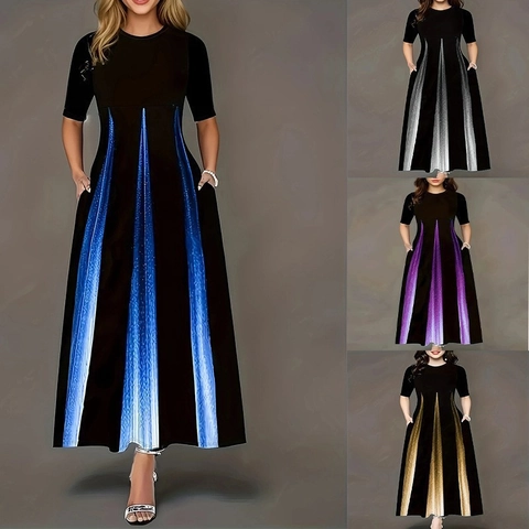Robe Longue Élégante à Imprimé Dégradé pour Femmes Décontractée Col Rond Manches Demi Trapèze Avec Poches Vêtements d'Été