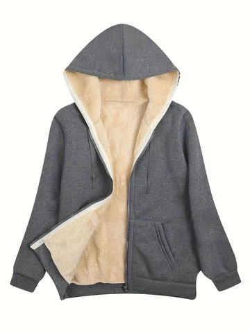 Veste Polaire à Capuche Grandes Tailles Femme Chaude Doublure Imitation Mouton Sweat Zippé Décontracté Manteau Hiver