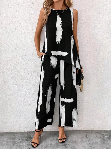 Conjunto Casual Para Mujer Estilo Occidental Estampado De Pincelada Abstracta Top Sin Mangas Asimétrico Y Pantalones De Pierna Ancha