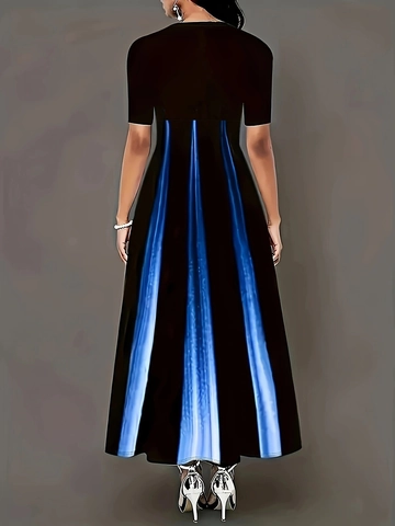 Damen Plus Size Maxi Kleid Verlauf Streifen Druck Rundhals Halbarm A-Linie Elegant Langes Kleid Mit Taschen Lässig