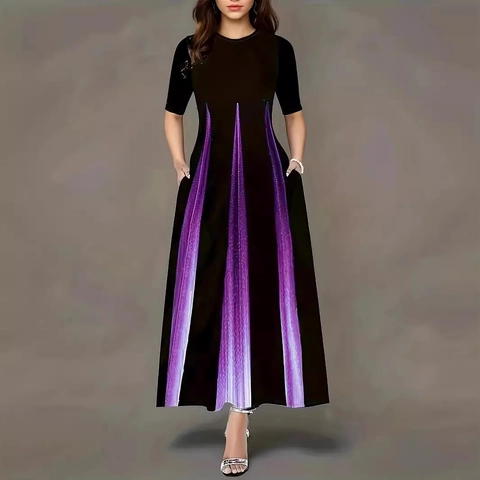 Robe Longue Élégante à Imprimé Dégradé pour Femmes Décontractée Col Rond Manches Demi Trapèze Avec Poches Vêtements d'Été