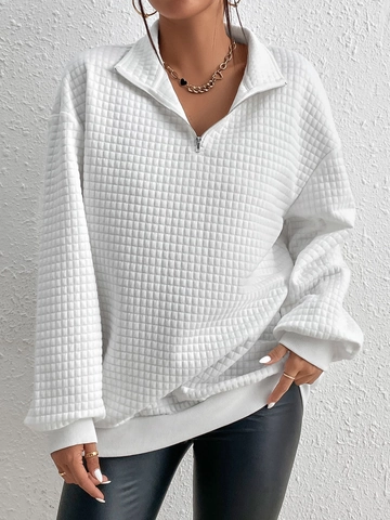 Women's Waffle Knit Quarter Zip Sweatshirt Loose Long Sleeve Pullover Quilted Texture Casual Fall Winter Top White