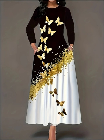 Robe Longue Élégante pour Femmes Imprimé Papillon Manches Longues Col Rond Bloc de Couleur Noir et Blanc Ligne A avec Poches