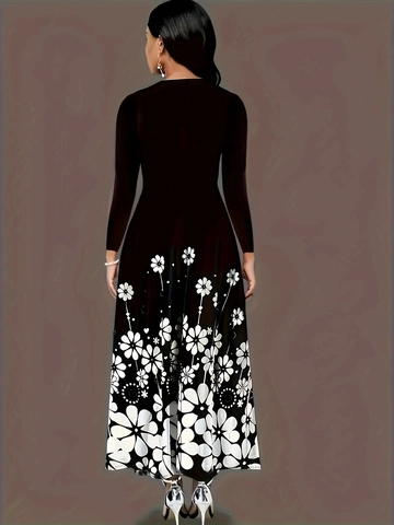 Damen Herbst Langarm Floral Print Maxikleid Elegant Rundhals Locker A-Linie Langes Kleid Mit Taschen Casual Party Kleid