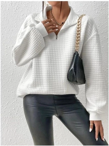 Women's Waffle Knit Quarter Zip Sweatshirt Loose Long Sleeve Pullover Quilted Texture Casual Fall Winter Top White