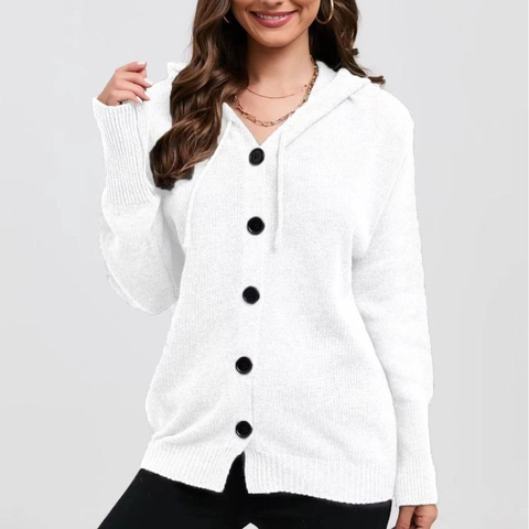 Women Hooded Knit Cardigan Button Down Solid Color Long Sleeve Loose Sweater Jacket Polyester Acrylic Blend Casual Coat
