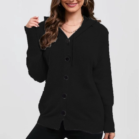 Women Hooded Knit Cardigan Button Down Solid Color Long Sleeve Loose Sweater Jacket Polyester Acrylic Blend Casual Coat