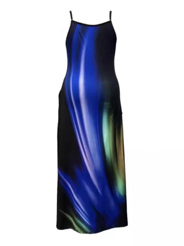Abito Maxi da Donna Taglie Forti Scollo a V Senza Maniche Stampa Digitale Fluida Sexy Largo a Trapezio Estate Spiaggia Lungo