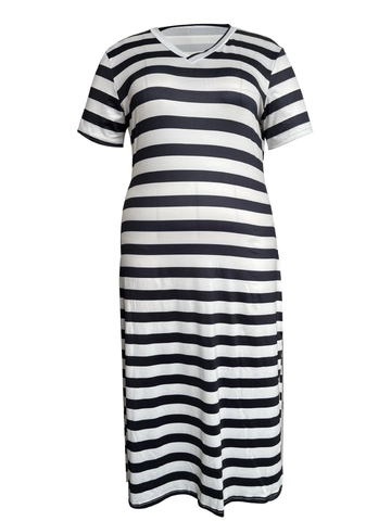 Women's Plus Size Striped Maxi Dress V-Neck Short Sleeve Casual Loose Split Long T-Shirt Dress